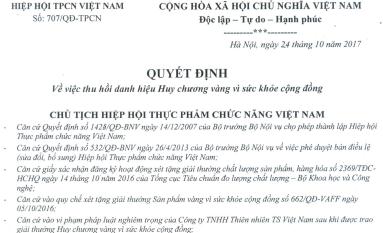 Thu hồi 2 danh hiệu Huy chương Vàng vì sức khỏe cộng đồng