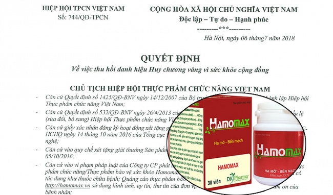 Thu hồi danh hiệu Huy chương Vàng vì sức khỏe cộng đồng của sản phẩm Hamomax