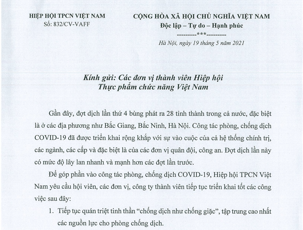 Hiệp hội Thực phẩm chức năng Việt Nam đề nghị các hội viên chung tay trong đại dịch Covid-19